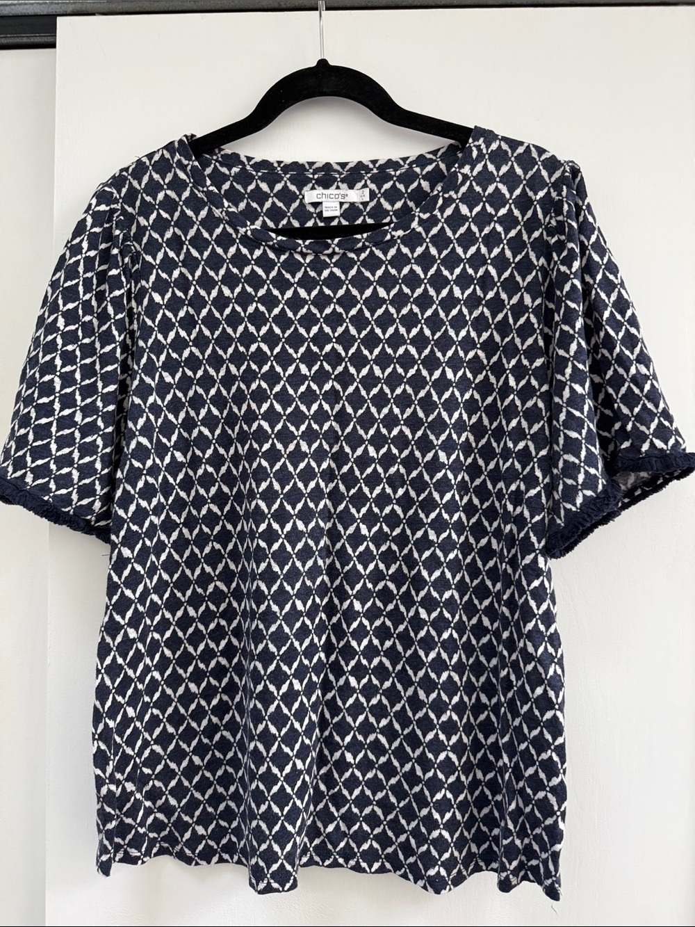Chico's Navy and White Diamond-Print Short Sleeve Tee